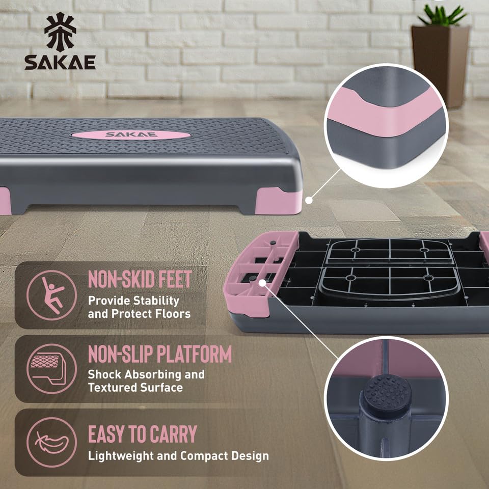 SAKAE Aerobics Step Platform Set with Weighted Vest & Measuring Tape, Adjustable Height 2 Level Risers Workout Step Trainer with Non-Slip Surface, Step Platform for Home Exercise, Multiple Colors - color: Pink
