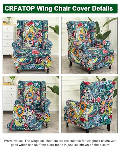 CRFATOP 2 Piece Stretch Wingback Chair Cover Printed Wing Chair Slipcovers Spandex Fabric Wingback Armchair Covers with Elastic Bottom for Living Room Bedroom Wingback Chair,C15 - color: Color C15