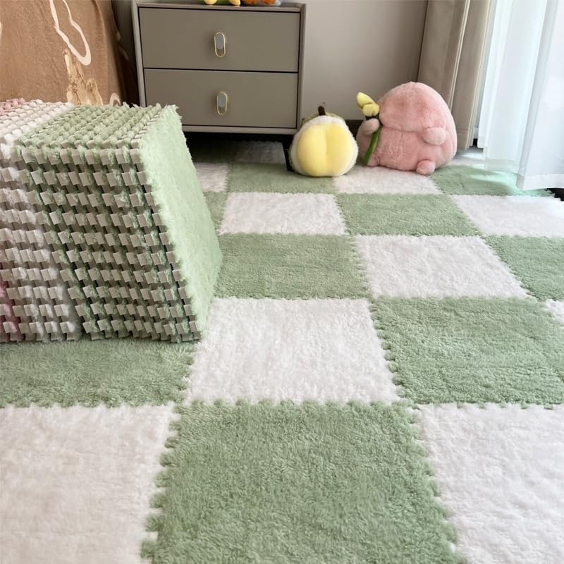 12Pcs Plush Foam Floor Mat,Plush Interlocking Carpet Tiles,Anti-Slip Square Puzzle Floor Mat,EVA Foam Area Rugs for Bedroom Playroom (White+Green) - color: White+green