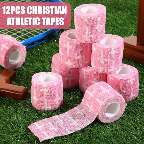 Geiserailie 12 Pack Christian Athletic Tapes 2 Inch x 5 Yards Self Adhesive Bandages Sports Wraps Breathable Elastic Wrap Non Woven Bandage for Wrist, Ankle, Baseball Football(Pink) - color: Pink
