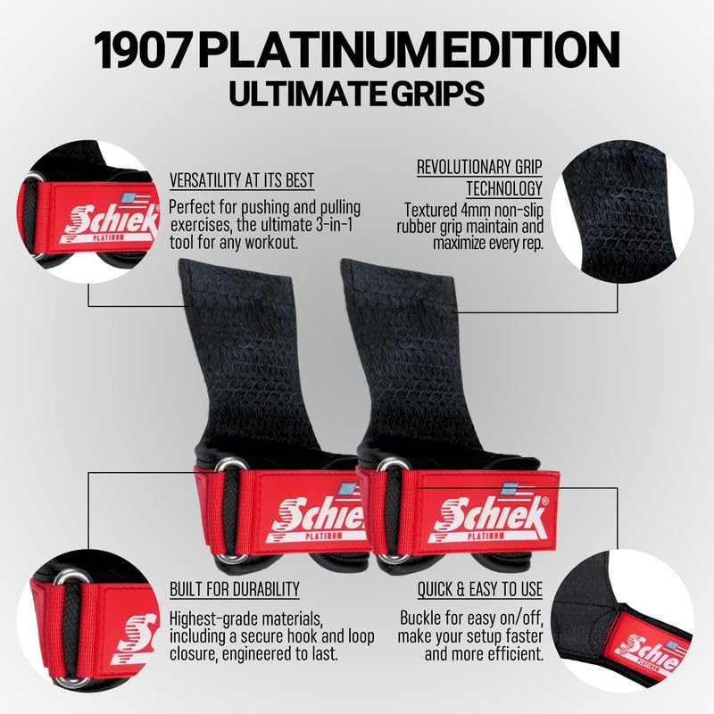 Schiek Sports Model 1907 Platinum Edition Ultimate Grips - 3 in 1 Weight Lifting Straps Wrist Wraps and Grip Pads - color: Red, size: Large