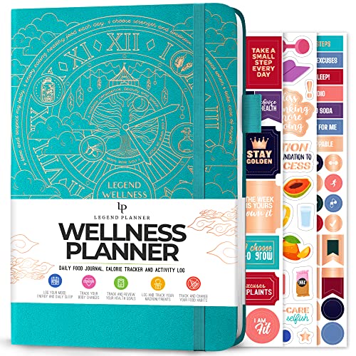 Legend Wellness Planner & Food Journal – Daily Diet & Health Journal with Weight Loss, Measurement & Exercise Trackers – Lifestyle & Nutrition Diary – Lasts 6 Months, A5 size – Turquoise - color: Turquoise Gold Foil, size: A5 (5.8” x 8.3”)