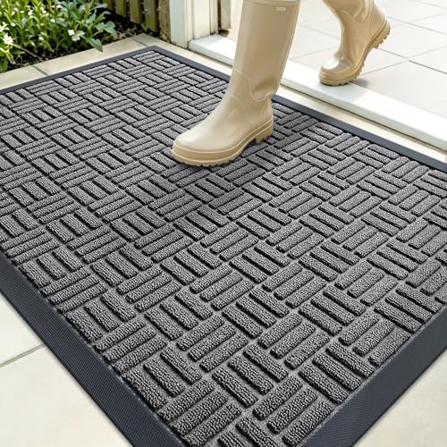 OLANLY Front Door Mat Outside Entrance 35x23, Absorbent, Heavy Duty Sturdy Natural Rubber Doormat Indoor Outdoor, Stain and Fade Resistant, Non-Slip Backing Low Profile Floor Mat for Entryway, Grey - color: Grey, size: 35" X 23"