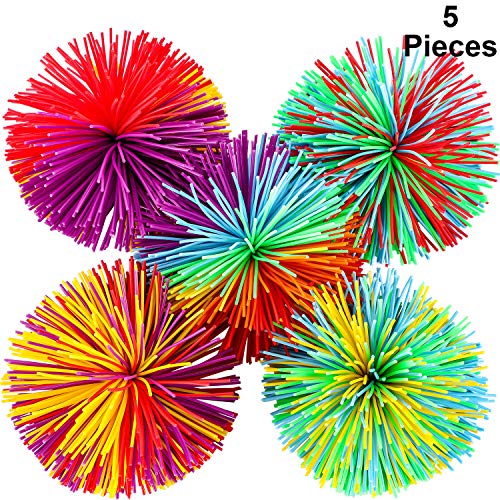 Leinuosen 5 Pieces Stringy Balls - Sensory Fidget Stress Balls, Soft Rainbow Pom Bouncy, Stuffers Party Favors Birthday Gifts Multicolor (2.75 Inch)