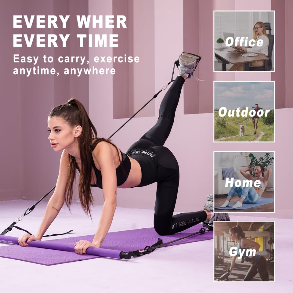 Pilates bar kit Multiple Fitness bar with Resistance Bands, Ab Rollers.Core Strength Training Equipment. Squat Machine for Men and Women.Portable Home Gym Pilates bar kit for Full Body Training Women - style: Basic purple
