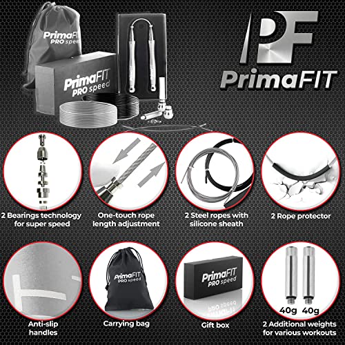 PrimaFIT Pro Speed Jump Rope for Adults, Weighted Skipping Rope for Boxing | Adjustable Jumping Rope for Fitness Workout & CrossFit Exercise, Double Unders, Handle Weights, 3m Cables 2 Protectors, Bag - color: Silver