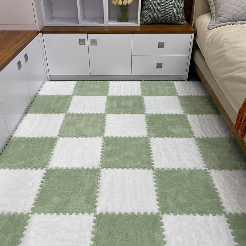 12Pcs Plush Foam Floor Mat,Plush Interlocking Carpet Tiles,Anti-Slip Square Puzzle Floor Mat,EVA Foam Area Rugs for Bedroom Playroom (White+Green) - color: White+green