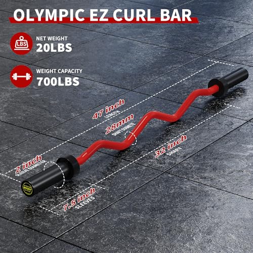 Olympic EZ Curl Bar 47" – 700LB Capacity 2-Inch Curling Bar for Bicep & Tricep Workouts, Hip Thrusts, Squats, Rows – Anti-Slip Diamond Knurling, Ergonomic Wrist-Friendly Curved Shaft for Home Gym - color: Red