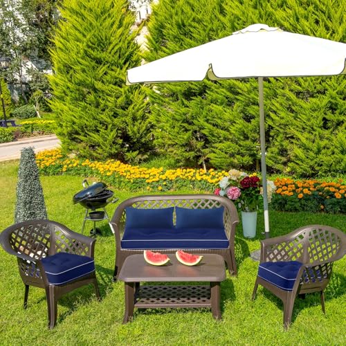 Chunful Set of 5 Outdoor Bench Cushions Set 44 x 19 Inch Tufted Waterproof Patio Furniture Seat Pad with Throw Pillows Loveseat Cushion for Square Settee Indoor Sofa Wicker Couch(Navy Blue) - color: Navy Blue