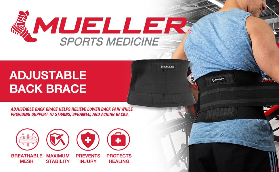 MUELLER Sports Medicine Adjustable Back Brace, Ideal for Upper and Lower Back Pain, Relief & Support for Men and Women, Strains, Sciatica, Scoliosis, Black - style: OSFM