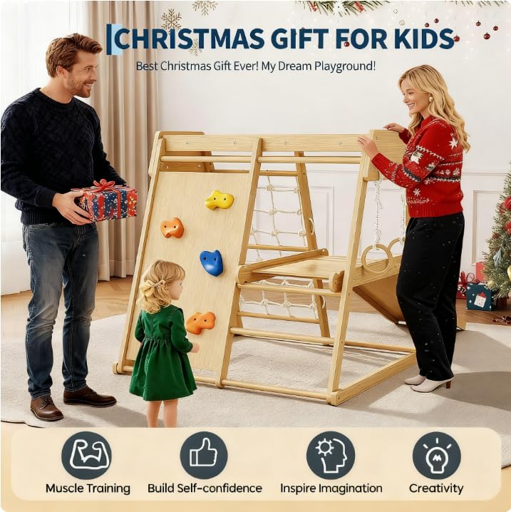 Garvee 6-in-1 Indoor Playground Jungle Gym Kids Climbing Toys, Wooden Climber Playset with Slide, Climbing Rock, Monkey Bars, Climb Net, Climbing Rock, Rings, Christmas Toys for Kids, Natural