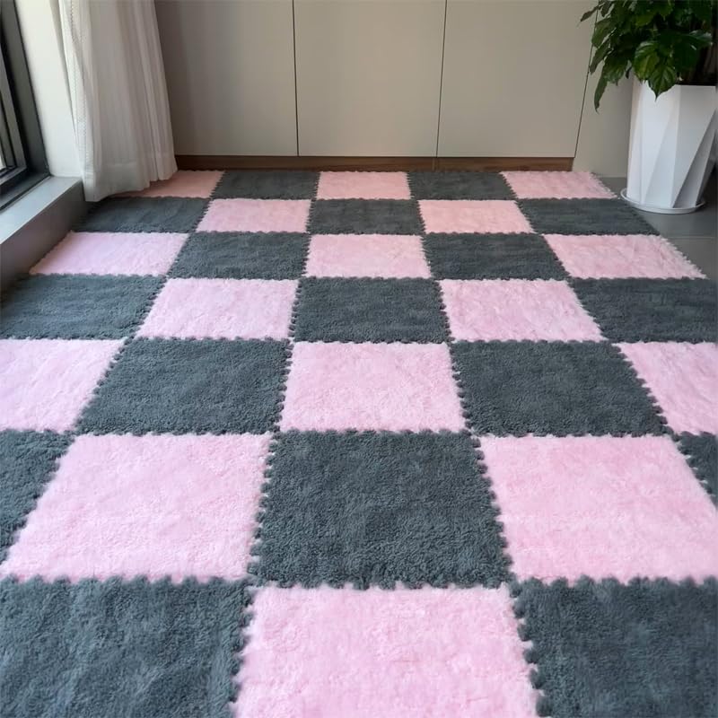 12Pcs Plush Foam Floor Mat,Plush Interlocking Carpet Tiles,Anti-Slip Square Puzzle Floor Mat,EVA Foam Area Rugs for Bedroom Playroom (Pink+Grey) - color: Pink+grey