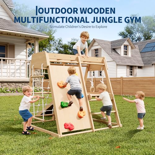 6-in-1 Indoor Playground Jungle Gym Kids Climbing Toys, Wooden Climber Playset with Slide, Climbing Rock, Monkey Bars, Climb Net, Climbing Rock, Rings, Christmas Toys for Kids, Natural