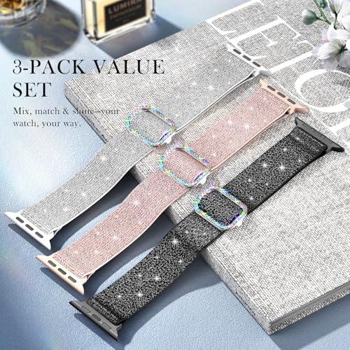 LETOID Stretchy Bands for Apple Watch Band Women Men Adjustable Solo Loop | Skin-Friendly Elastic Nylon Replacement Strap, iWatch Series 11 10 9 8 7 6 5 4 3 2 1 SE Ultra 49 46 45 44 42 41 40 38mm - color: 3-Pack: Black / Pink / Silver-White, size: 38mm/40
