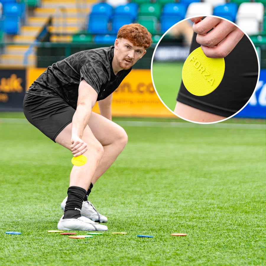 FORZA Flat Disc Markers | Brightly Colored Training Markers for Soccer & Outdoor Play – Available in Mini (Set of 20) or Standard (Set of 10) - color: Yellow, style: Mini (3.5in)