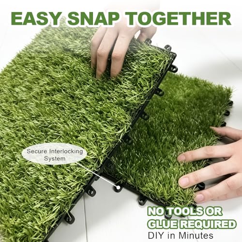 Qingbei Rina Artificial Grass Turf Tiles, 12"x12"/9 Pack | Highly Permeable,Interlocking System,Anti-UV,Non-toxic Recycle Repeat,Indoor Outdoor Faux Grass Rug