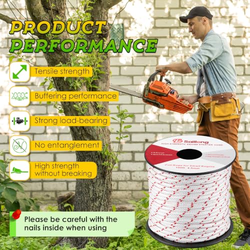Saillong 4.5mm 100ft Starter Rope, Pull Cord Rope for Small Engine with 2 Starter Handle, Wear Resistant, Low Stretch, Replacement for Lawn Mower Chainsaw Trimmer Edger Brush Cutter(White & Red) - color: White & Red, size: 4.5mm
