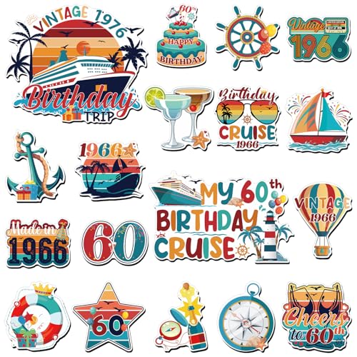 Wxiben 18 Pcs 60th Birthday Cruise Door Magnets Ship Decorations Magnetic | Vintage 1966 Birthday Magnet Stickers, Strong Magnet Grip, Firm Sticking, for Carnival, Party, Fridge, Stateroom Cabin Door - style: 60th Birthday