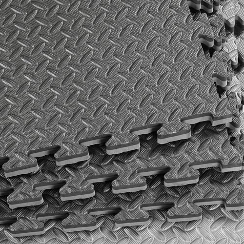 Xspec 1" Extra Thick 48 sq ft Reversible EVA Gym Foam Floor Mat Tiles (24" x 24"), Steel Pattern, 12 pcs, Black & Grey - color: Black