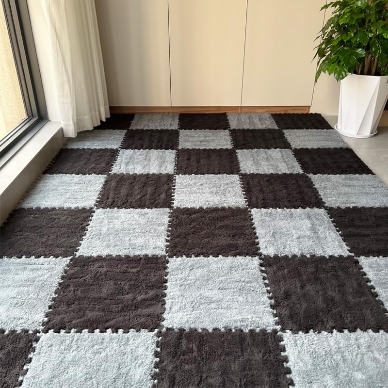 12Pcs Plush Foam Floor Mat,Plush Interlocking Carpet Tiles,Anti-Slip Square Puzzle Floor Mat,EVA Foam Area Rugs for Bedroom Playroom (Black+Grey) - color: Black+grey