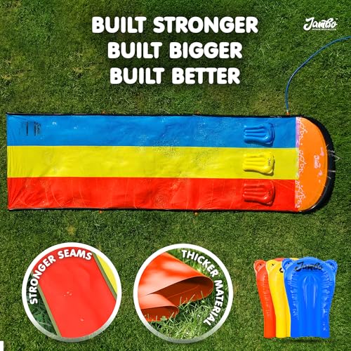JAMBO Premium Triple Water Slide with 3 Bodyboards, 20Ft Heavy Duty Slip Splash and Slides-Advanced 3-Way Sprinkler System, Splash Pad Mat Backyard Summer Outdoor Water Toys n Long Slides for Kids - color: 20' Multicolor