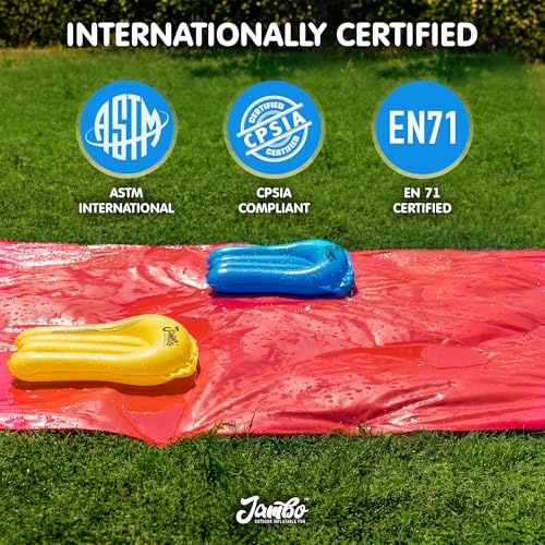 JAMBO 40Ft 3XL Updated Mega Slip Splash and Slide and 2 Bodyboards, Heavy Duty with Inflatable Crash Pad, Slide Splash Mat Outdoor Splash Mat n Backyard Water Toys - color: Blue, Green, Yellow