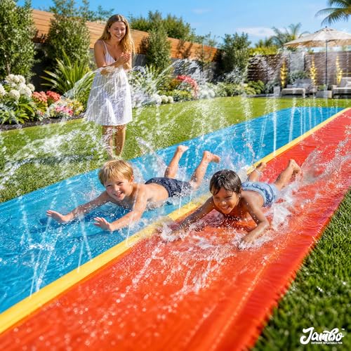 JAMBO Premium 24Ft Budget Slip Splash and Slide, Heavy Duty Water Slide with Advanced Sprinkler System, Backyard Waterslide, Splash Mat, Outdoor Water Toys n Slides for Kids - color: 24' Multicolor