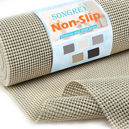 Songrey Non-Adhesive Drawer and Shelf Liner, Non Slip Cabinet Liners, Protect Kitchen Cupboard, Bathroom Drawers, Breathable, Thick Strong Grip mat (20IN x 10FT, Beige) - color: Beige, size: 20"W x 120"L