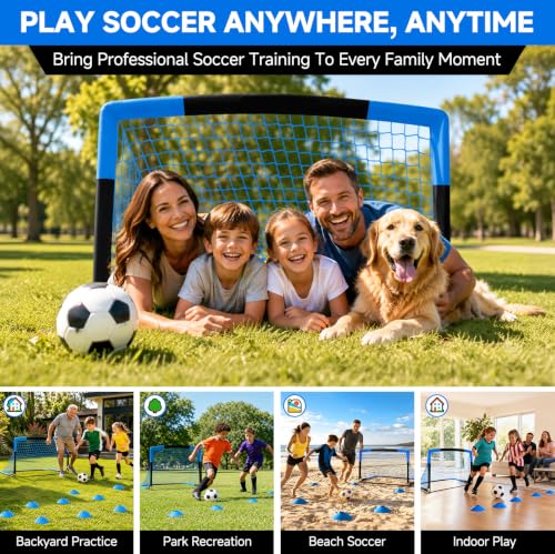 Soccer Goal, Kids Soccer Goals for Backyard Set- 2 Pack of Portable Pop Up Soccer Nets with Ball,Cones,Soccer Training Equipment for Toddler,Youth Outdoor Backyard Game - color: Blue Black, size: 4x3FT