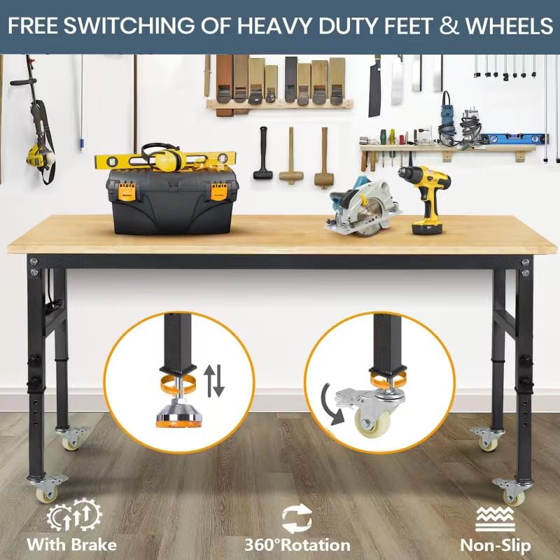 70'' Adjustable Workbench, Rubber Wood Top Work Bench | Heavy-Duty Work Table with Socket, Wheels and Fixed Legs 2000 LBS Load Capacity Hardwood Sewing Table for Garage, Workshop - size: with socket, wheels and fixed legs, 70