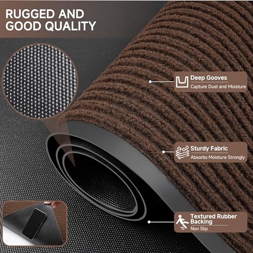 100pointONE Front Door Mat, Heavy Duty Indoor Outdoor Doormat, 48" x 24" Low Profile Outdoor Mats for Home Entrance, Stain and Fade Resistant Welcome Mat Ideal for High Traffic Area, Brown - color: Brown Striped, size: 2' x 4' (Rectangular)