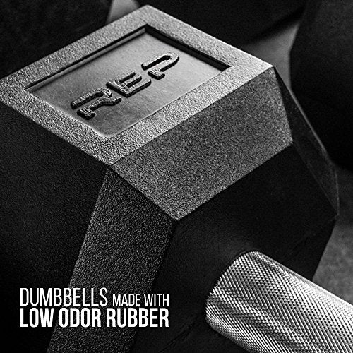 Rep Fitness Rubber Hex Dumbbell(s) - Singles (55LB +) and Pairs (5LB - 50LB) - Low Odor, Fully Knurled Handle - style: 50 LB Pair