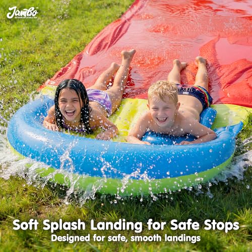 JAMBO 40Ft 3XL Updated Mega Slip Splash and Slide and 2 Bodyboards, Heavy Duty with Inflatable Crash Pad, Slide Splash Mat Outdoor Splash Mat n Backyard Water Toys - color: Blue, Green, Yellow