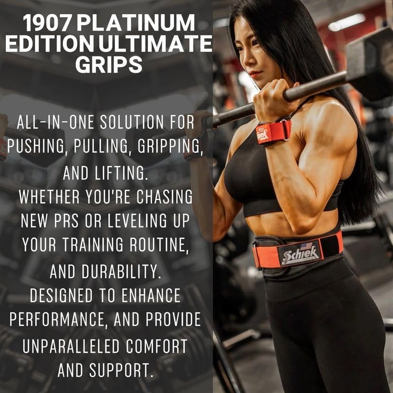 Schiek Sports Model 1907 Platinum Edition Ultimate Grips - 3 in 1 Weight Lifting Straps Wrist Wraps and Grip Pads - color: Red, size: Large