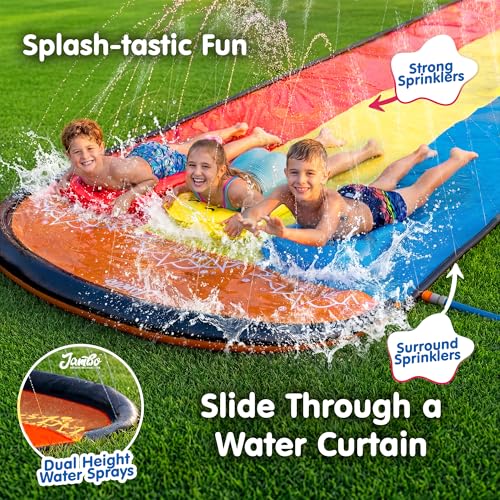 JAMBO 22.5ft Triple Lane Slip Splash and Slide with 3 Bodyboards with Built in Surround Sprinkler for Backyard Outdoor Water Fun for Kids - color: 22.5' Triple Lane Multicolor