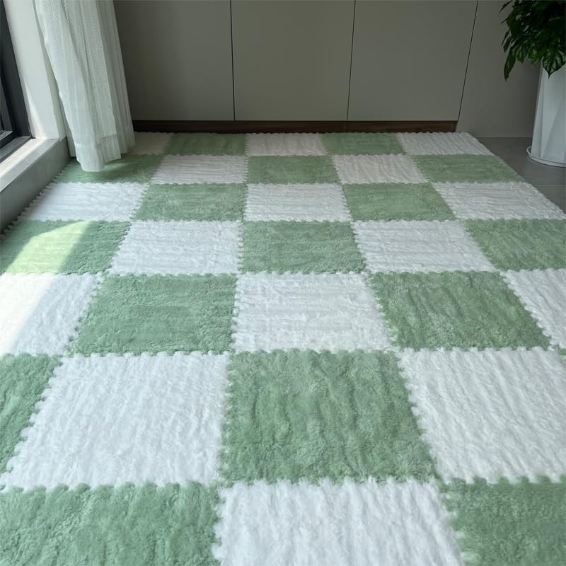 12Pcs Plush Foam Floor Mat,Plush Interlocking Carpet Tiles,Anti-Slip Square Puzzle Floor Mat,EVA Foam Area Rugs for Bedroom Playroom (White+Green) - color: White+green