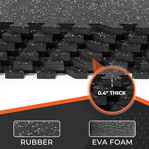 SUPERJARE 0.4'' Thick 6 Pcs 24 Sq Ft Rubber Top Exercise Equipment Mats, High Density EVA Foam Mats with Rubber Top, Interlocking Gym Flooring for Home Gym, Protective Workout Mat, Black/Grey - size: 6 Tiles (24 Sq Ft)