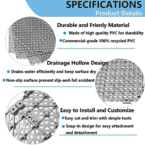12” x 12” Drainage Interlocking Floor Tiles, 12 Pack Non-Slip Pool Deck Drain Mats for Flooring, Soft PVC Splicing Modular Cushion Mats, Rubber Floor Tiles with Holes for Shower Basement Garage Shed - size: Grey
