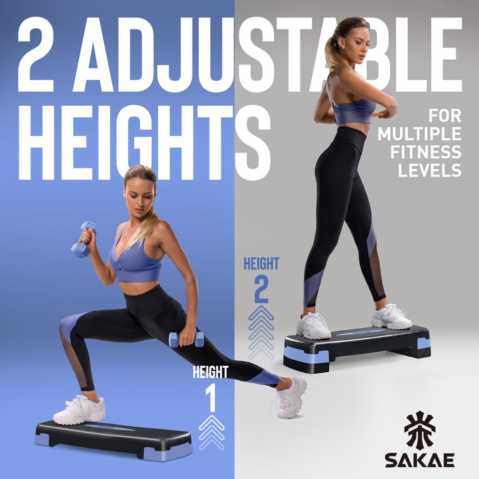 SAKAE Aerobics Step Platform Set with Weighted Vest & Measuring Tape, Adjustable Height 2 Level Risers Workout Step Trainer with Non-Slip Surface, Step Platform for Home Exercise, Multiple Colors - color: Blue