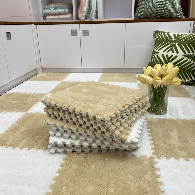 12Pcs Plush Foam Floor Mat,Plush Interlocking Carpet Tiles,Anti-Slip Square Puzzle Floor Mat,EVA Foam Area Rugs for Bedroom Playroom (White + Beige) - color: White + Beige