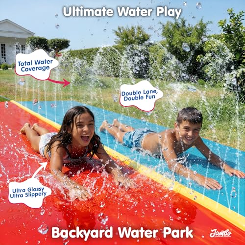 JAMBO Premium 18Ft Budget Slip Splash and Slide, Heavy Duty Water Slide with Advanced Sprinkler System, Backyard Waterslide, Splash Mat, Outdoor Water Toys n Slides for Kids - color: 18' Multicolor