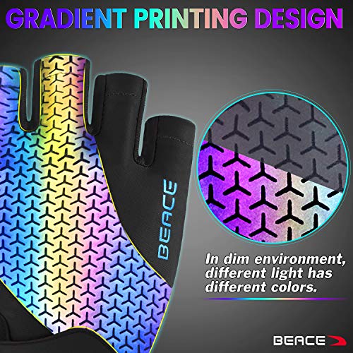 BEACE Gloves for Cycling Bike Biking Half Finger Road Bicycle for Men and Women-5MM Breathable Anti-Slip Shock-Absorbing Pad Gym Motorcycle Light Weight Mountain Bike Gloves - color: Colorful Night Glow, size: Large