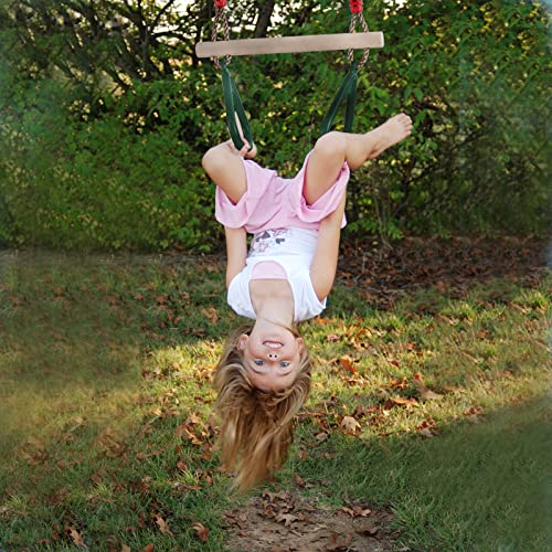 PELLOR Playground Children's Wooden Trapeze Swing Bar with Plastic Gym Rings Swing Set for Indoor & Outdoor Fun - color: Green