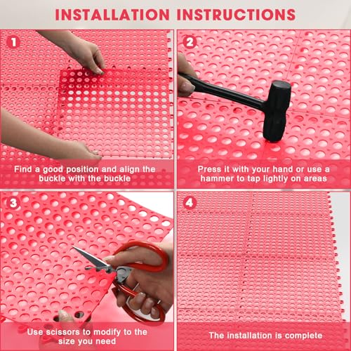 Drydiet 8 Pack Drainage Tiles Modular Interlocking Floor Tiles with 1 Pc Plastic Hammer 12" x 12" Cushion Mat Non Slip Rubber Floor mat with Holes for Pool Bathroom Deck Kitchen Patio (Dark Red) - color: Dark Red
