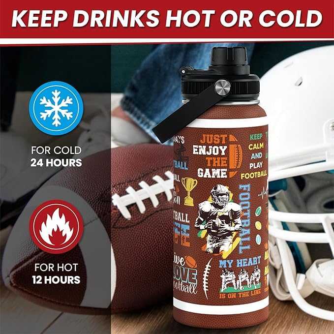 SANDJEST American Football Insulated Stainless Steel Water Bottle 32oz, Vacuum Chug Lid Travel Tumbler for Men Friends Dad Football Lovers Fans Coaches, Birthday Christmas Father's Day - color: Football 5