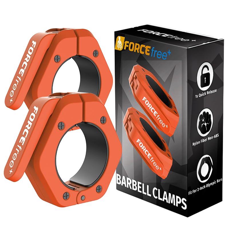 Forcefree+ Barbell Clips (Pair), Barbell Clamps, Quick Release Olympic Barbell Clamps with Anti Slip TPR Grip, Barbell Collars for Secure Weightlifting & Powerlifting - color: Orange