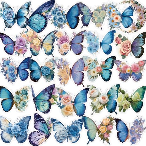 56PCS Butterfly Stickers Aesthetic PET Transparent Stickers Blue Flower Butterfly Decals Waterproof Decorative Decals for Scrapbook Journal Planner Water Bottles Phone Cases Laptops - color: Butterfly
