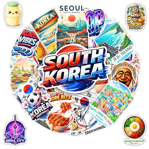 30 PCS South Korea Travel Stickers Pack, Seoul Busan Korean Flag | Vinyl Waterproof Decals Sheets Landmark Cute Food Culture Funny for Laptop Water Bottle Scrapbook Car Gifts for Adults Teens - color: South Korea Travel Sticker