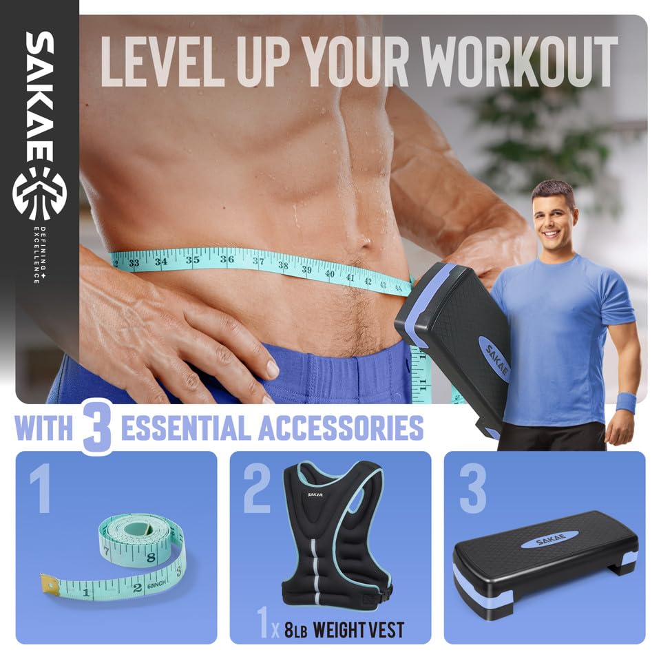 SAKAE Aerobics Step Platform Set with Weighted Vest & Measuring Tape, Adjustable Height 2 Level Risers Workout Step Trainer with Non-Slip Surface, Step Platform for Home Exercise, Multiple Colors - color: Blue