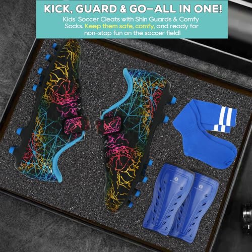 brooman Kids Firm Ground Soccer Cleats Girls Football Cleats with Shin Guards and Soccer Socks - color: Black Blue, size: 11.5 Little Kid
